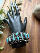 Load image into Gallery viewer, Navajo Native American Sterling Silver Blue Turquoise Row Cuff Bracelet C Yazzie