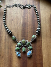 Load image into Gallery viewer, Navajo Sterling Silver Sonoran Gold Golden Hills Turquoise Lariat Naja Necklace