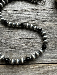 Southwestern Sterling Silver Black Onyx 10mm Pearls Bead Necklace. 26 Inch. Gift