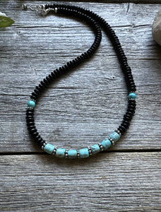 Southwestern 925 Sterling Silver Black Onyx Turquoise Bead Necklace 18 Inch