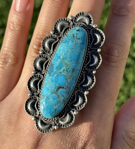 Native American 925 Sterling Silver Turquoise Ring. Size 8. Signed Gift