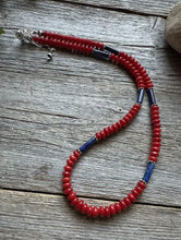 Load image into Gallery viewer, Sterling Silver Red Coral Lapis Bead Necklace. 18 inch Gift