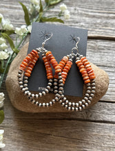 Load image into Gallery viewer, Sterling Silver Double Loop Orange Spiny Oyster Pearls Hoop Earrings.