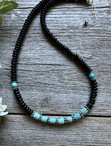 Southwestern 925 Sterling Silver Black Onyx Turquoise Bead Necklace 18 Inch