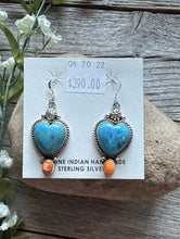 Load image into Gallery viewer, Navajo Sterling Silver Blue Turquoise Spiny Oyster Heart Earrings. Gift