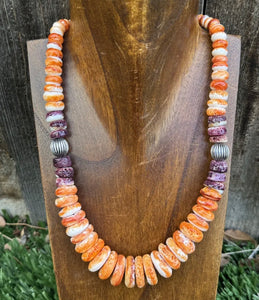 Sterling Silver Graduated Orange Purple Spiny Oyster Pearl Bead Necklace 18 Inch
