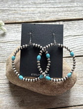 Load image into Gallery viewer, Southwestern Sterling Silver Turquoise Pearls Bead Hoop Earrings 2.5 Inch