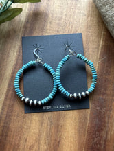 Load image into Gallery viewer, Sterling Silver Blue Turquoise Bead W Pearls Loop Hoop Earrings.