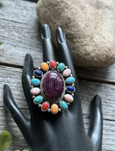 Load image into Gallery viewer, Navajo Sterling Silver Multi Stone Spiny Cluster Adjustable Ring. G James