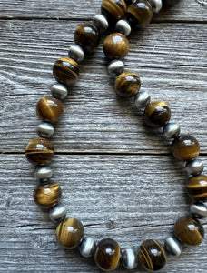 Sterling Silver Tiger’s Eye W Pearls Bead Necklace. 18 inch. Gift