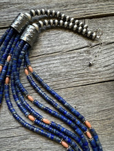 Load image into Gallery viewer, Sterling Silver Multi Strand Stone Lapis Pink Coral Bead Necklace. 26 inch