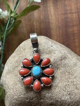 Load image into Gallery viewer, Navajo Sterling Silver Red Coral Turquoise Cluster Pendant LY