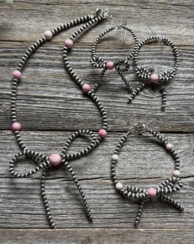 Bow Sterling Silver Pink Conch 4mm Pearls Bead Necklace Earrings Bracelet Set