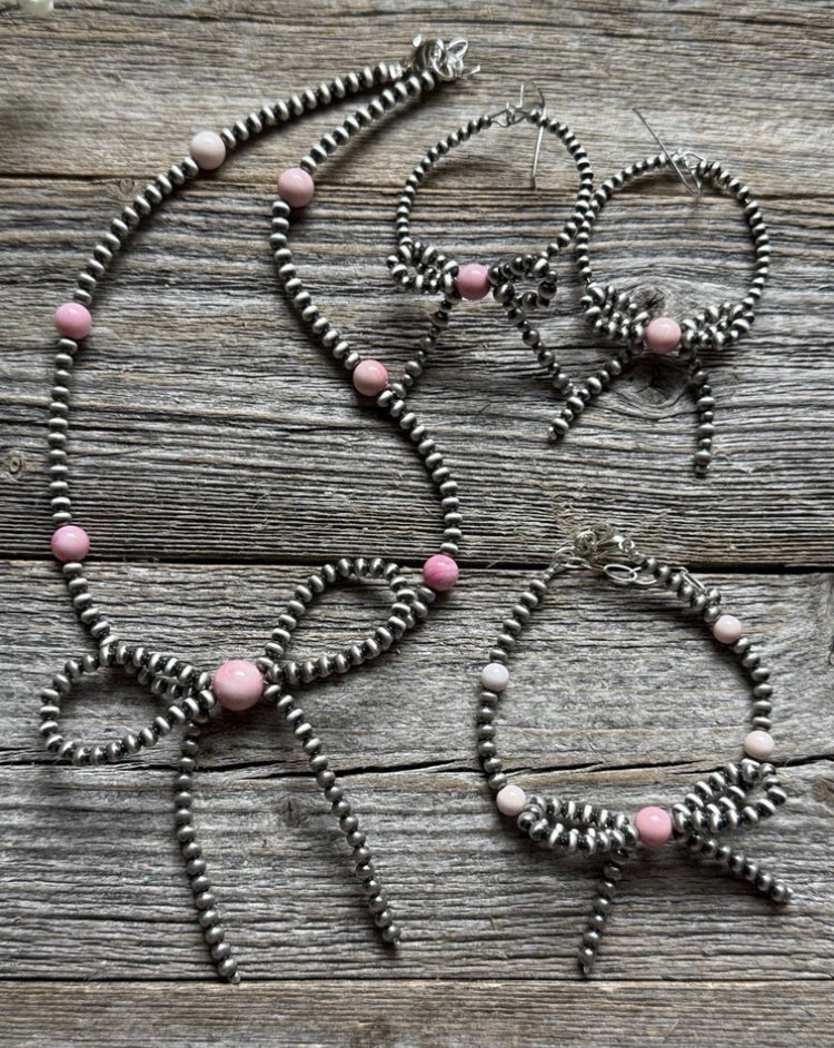 Bow Sterling Silver Pink Conch 4mm Pearls Bead Necklace Earrings Bracelet Set