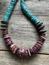 Load image into Gallery viewer, Sterling Silver Purple Spiny Oyster W Turquoise Bead Necklace. 18 inch