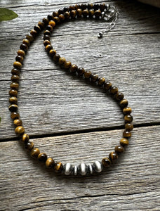 Southwestern 925 Sterling Silver Tigers Eye Pearls Bead Necklace 18 inch