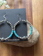 Load image into Gallery viewer, Sterling Silver Blue Turquoise Bead W Pearls Loop Hoop Earrings.
