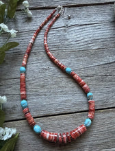 Load image into Gallery viewer, Heishi Sterling Silver Sleeping Beauty Turquoise Spiny Oyster Bead Necklace 18”