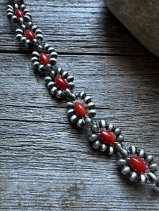 Floral Sterling Silver Red Bamboo Coral Pearls Bead Bracelet. 6 Inch