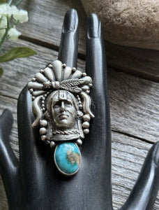 Navajo Sterling Silver Turquoise Indian Chief Head Adjustable Ring Russell Sam