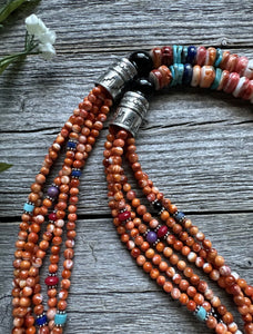 Sterling Silver Multi Strand Stone Orange Spiny Oyster Bead Necklace. 26 inch