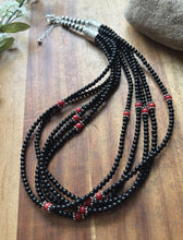 Load image into Gallery viewer, Sterling Silver Multi Strand Black Onyx Red Coral Bead Necklace. 22 Inch