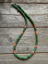 Load image into Gallery viewer, Sterling Silver Green Turquoise Orange Spiny Oyster Bead Necklace. 18 inch