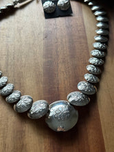Load image into Gallery viewer, Navajo Sterling Silver Turquoise Stamped Pillow Beads Bead Necklace Earrings 22”