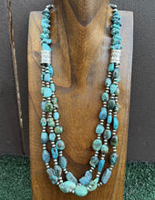 Load image into Gallery viewer, Sterling Silver Multi Strand Turquoise Nuggets Bead Necklace. 28 inch. Gift