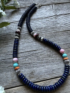 Sterling Silver Lapis Multi Stone Bead Necklace. 18 inch. Gift