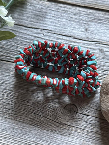 Blue Turquoise Coral Nuggets 7 Inch Stretch Elastic Stretchy Bead Bracelet Gift