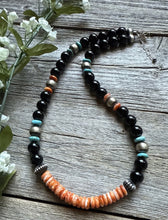 Load image into Gallery viewer, Sterling Silver Black Onyx Multi Stone Turquoise Spiny Bead Necklace 18 Inch