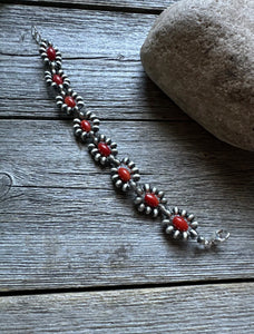 Floral Sterling Silver Red Bamboo Coral Pearls Bead Bracelet. 6 Inch