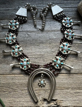 Load image into Gallery viewer, Navajo Sterling Silver Garnet Turquoise Naja Squash Blossom Bead Necklace Signed