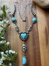Load image into Gallery viewer, Navajo Sterling Silver Blue Turquoise Heart Lariat Pearls Bead Chain Necklace RY