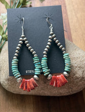 Load image into Gallery viewer, Sterling Silver Turquoise Spiny Oyster Pearls Bead Loop Hoop Earrings. 3 Inch