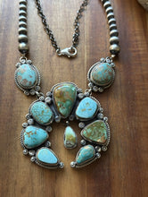 Load image into Gallery viewer, Navajo Sterling Silver Blue Green Royston Turquoise Lariat Pearls Naja Necklace