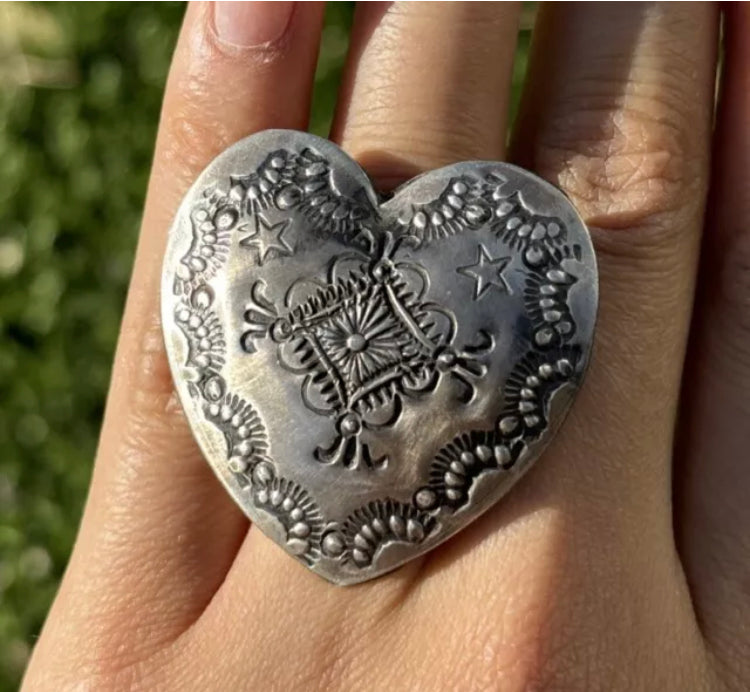 Native American Sterling Silver Heart Stamped Adjustable Ring. VJP Vincent