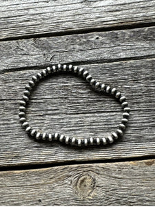 4mm 7 Inch Stretch Sterling Silver Oxidized Pearls Bead Bracelet Southwestern