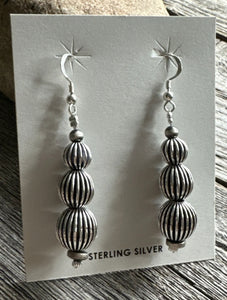 Southwestern 925 Sterling Silver Corrugated Pearls Bead Earrings. 2.25 Inch