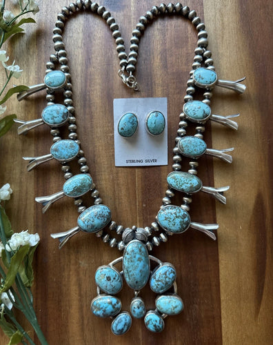 Navajo Sterling Silver White Water Turquoise Squash Blossom Pearls Necklace G