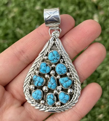Navajo Native Sterling Silver Blue Turquoise Cluster Pendant Artist Signed