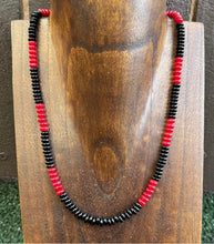 Load image into Gallery viewer, Sterling Silver Black Onyx W Red Coral Bead Necklace. 18 Inch