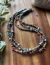 Load image into Gallery viewer, Sterling Silver Multi Strand Stone Spiny Turquoise Pearls Bead Necklace. 20 inch