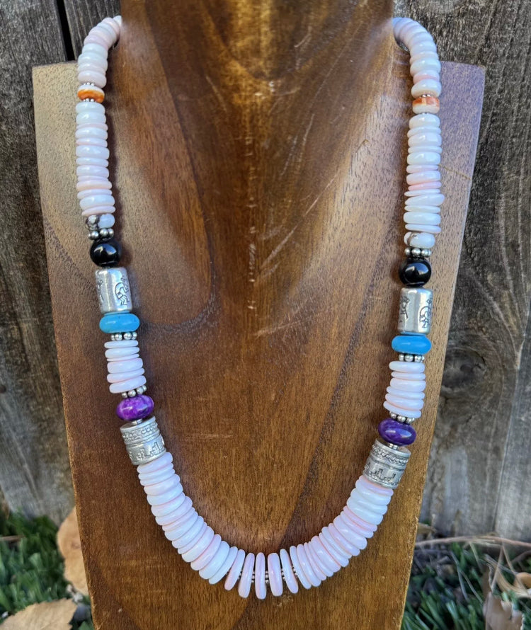 Sterling Silver Multi Stone Pink Conch Kokopelli Bead Necklace 18 Inch