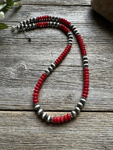 Southwestern 925 Sterling Silver Red Coral 6mm Pearls Bead Necklace 18 Inch