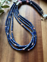 Load image into Gallery viewer, Sterling Silver Multi Strand Heishi Lapis Pink Conch Bead Necklace 26 inch