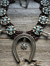 Load image into Gallery viewer, Navajo Sterling Silver Garnet Turquoise Naja Squash Blossom Bead Necklace Signed