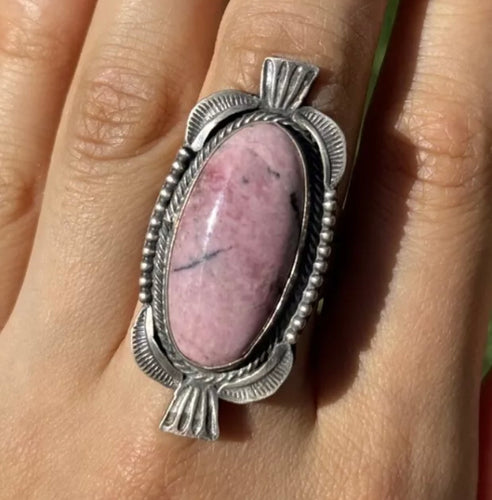 Native American Sterling Silver Pink  Rhodochrosite Ring. Size 8. ST