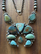 Load image into Gallery viewer, Navajo Sterling Silver Blue Green Royston Turquoise Lariat Pearls Naja Necklace